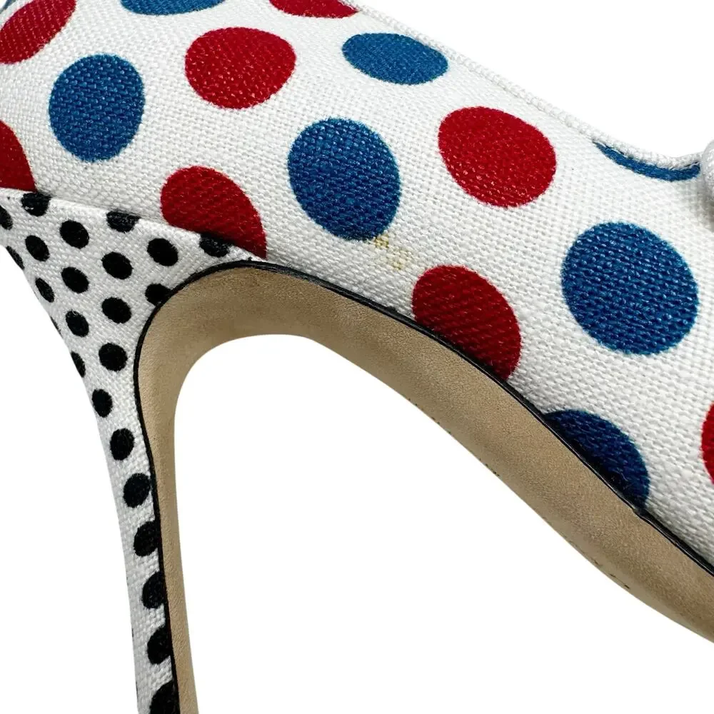 Manolo Blahnik Campari Polka Dot Linen Mary Jane Pumps 36 US 6 Heels Box 105mm